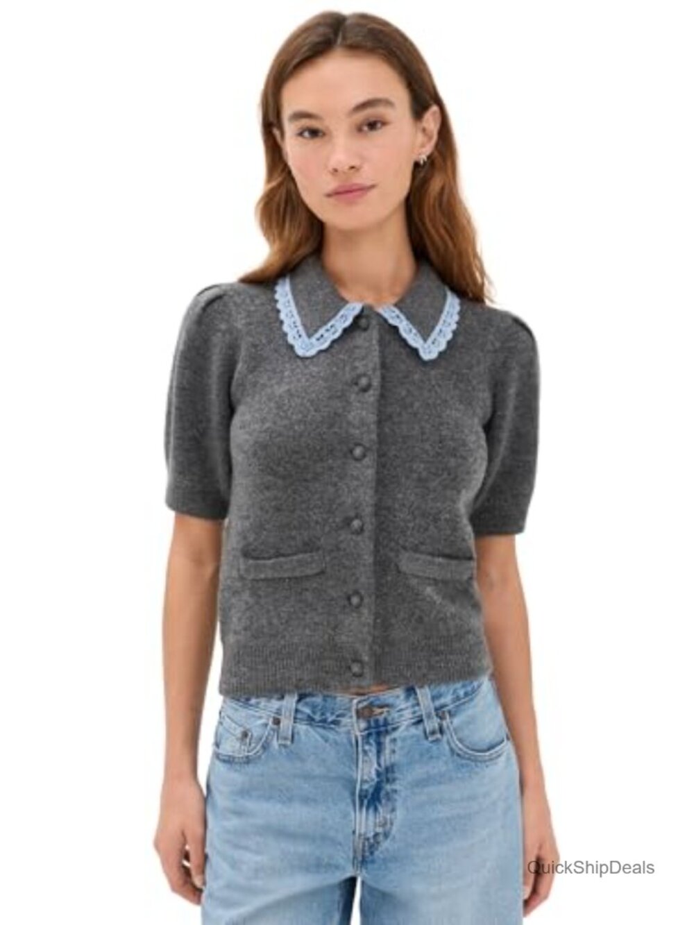 Lace Trim Puff Sleeve Knit Cardigan